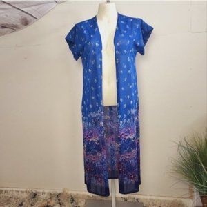 Vintage 60s Blue Floral Kimono Blouse Jacket MCM 1960s Asian Mid Century